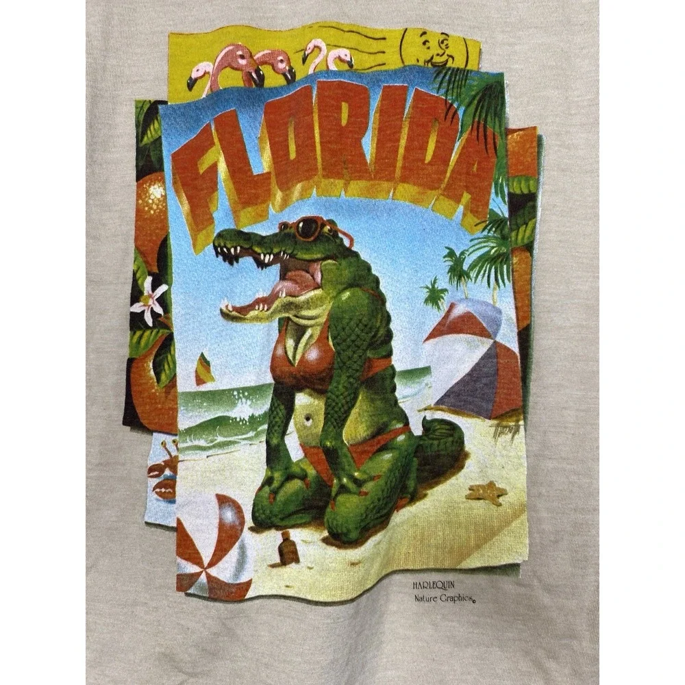 Vintage Florida Key West Alligator Sunbathing T Shirt Harlequin Beige Size Large